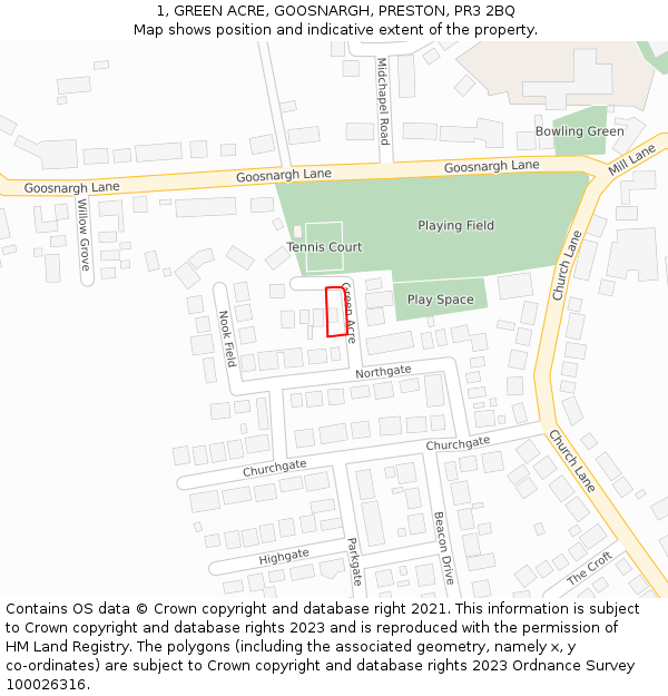 1, GREEN ACRE, GOOSNARGH, PRESTON, PR3 2BQ: Location map and indicative extent of plot