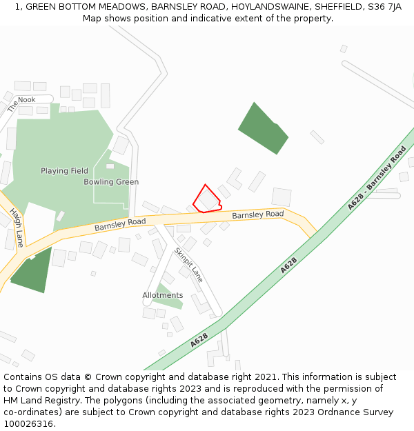 1, GREEN BOTTOM MEADOWS, BARNSLEY ROAD, HOYLANDSWAINE, SHEFFIELD, S36 7JA: Location map and indicative extent of plot