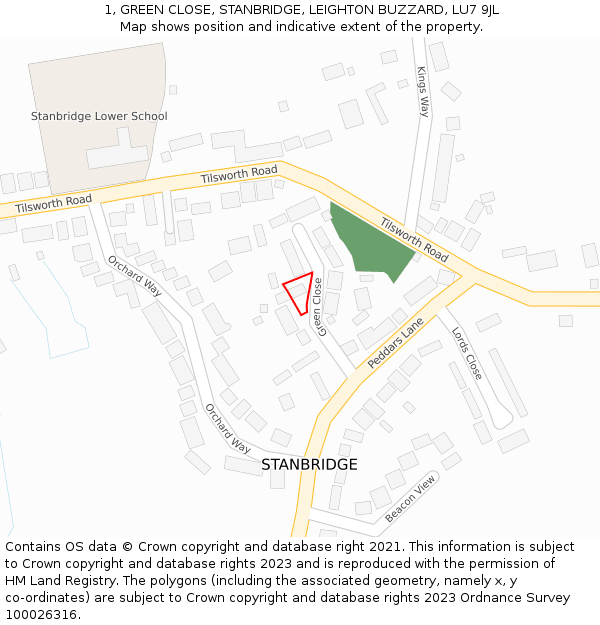 1, GREEN CLOSE, STANBRIDGE, LEIGHTON BUZZARD, LU7 9JL: Location map and indicative extent of plot