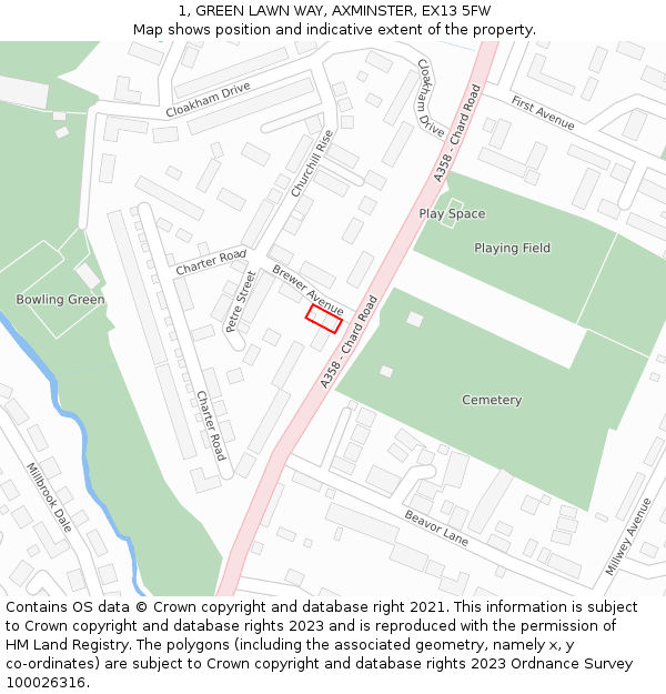 1, GREEN LAWN WAY, AXMINSTER, EX13 5FW: Location map and indicative extent of plot