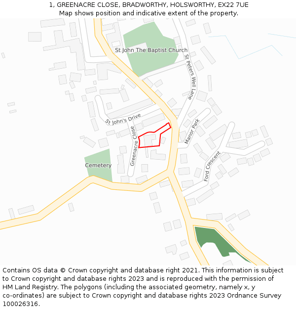 1, GREENACRE CLOSE, BRADWORTHY, HOLSWORTHY, EX22 7UE: Location map and indicative extent of plot