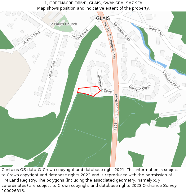 1, GREENACRE DRIVE, GLAIS, SWANSEA, SA7 9FA: Location map and indicative extent of plot