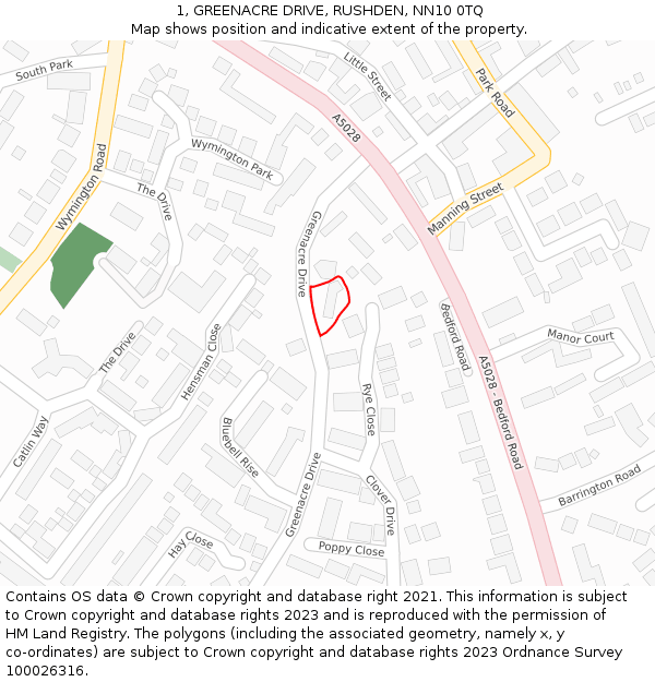 1, GREENACRE DRIVE, RUSHDEN, NN10 0TQ: Location map and indicative extent of plot