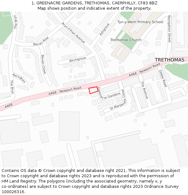 1, GREENACRE GARDENS, TRETHOMAS, CAERPHILLY, CF83 8BZ: Location map and indicative extent of plot