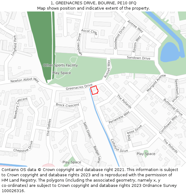 1, GREENACRES DRIVE, BOURNE, PE10 0FQ: Location map and indicative extent of plot