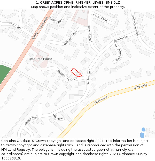 1, GREENACRES DRIVE, RINGMER, LEWES, BN8 5LZ: Location map and indicative extent of plot