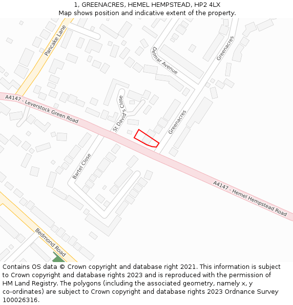 1, GREENACRES, HEMEL HEMPSTEAD, HP2 4LX: Location map and indicative extent of plot