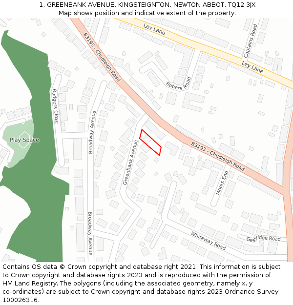 1, GREENBANK AVENUE, KINGSTEIGNTON, NEWTON ABBOT, TQ12 3JX: Location map and indicative extent of plot