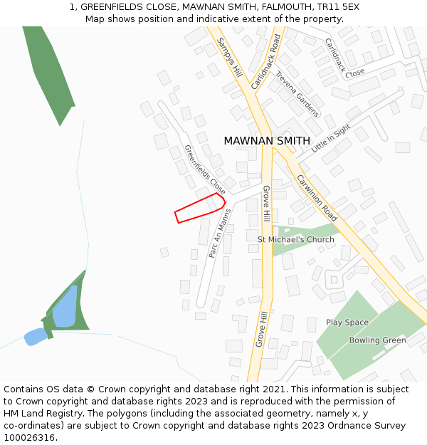 1, GREENFIELDS CLOSE, MAWNAN SMITH, FALMOUTH, TR11 5EX: Location map and indicative extent of plot