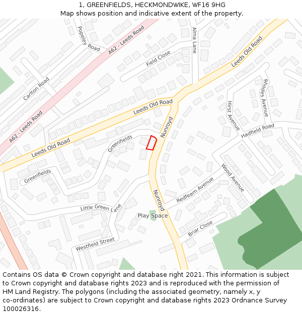 1, GREENFIELDS, HECKMONDWIKE, WF16 9HG: Location map and indicative extent of plot