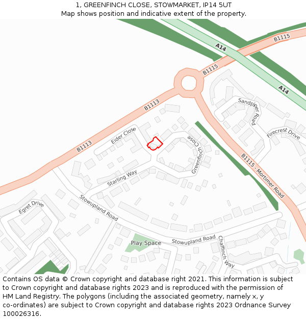 1, GREENFINCH CLOSE, STOWMARKET, IP14 5UT: Location map and indicative extent of plot