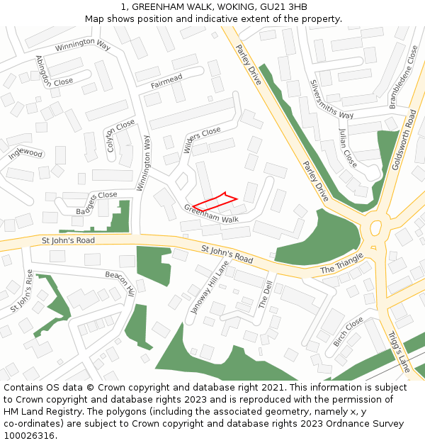 1, GREENHAM WALK, WOKING, GU21 3HB: Location map and indicative extent of plot