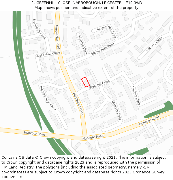 1, GREENHILL CLOSE, NARBOROUGH, LEICESTER, LE19 3WD: Location map and indicative extent of plot