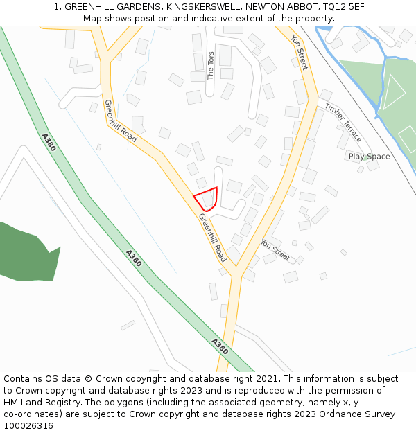 1, GREENHILL GARDENS, KINGSKERSWELL, NEWTON ABBOT, TQ12 5EF: Location map and indicative extent of plot