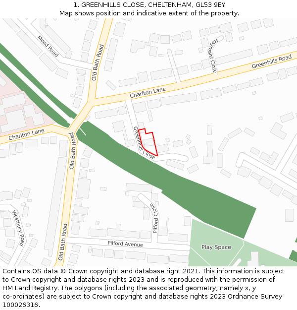 1, GREENHILLS CLOSE, CHELTENHAM, GL53 9EY: Location map and indicative extent of plot