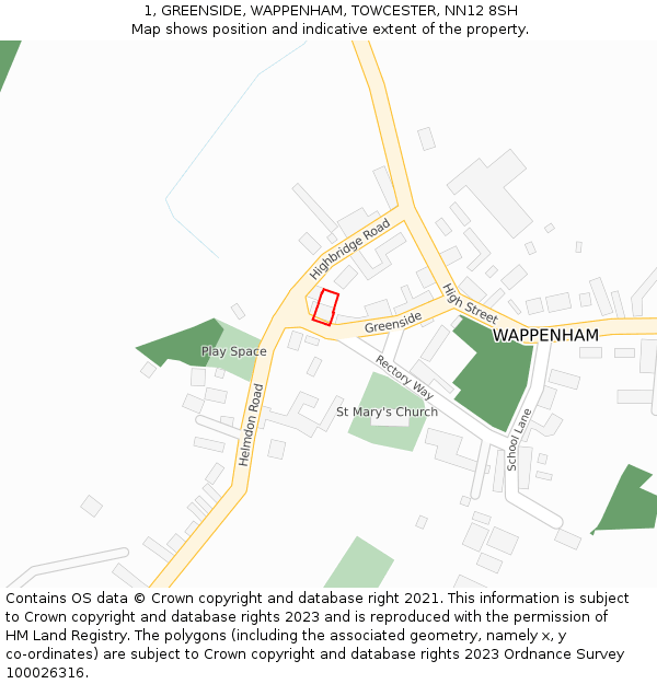 1, GREENSIDE, WAPPENHAM, TOWCESTER, NN12 8SH: Location map and indicative extent of plot