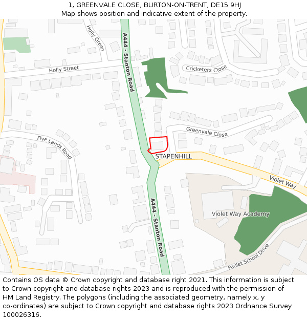 1, GREENVALE CLOSE, BURTON-ON-TRENT, DE15 9HJ: Location map and indicative extent of plot