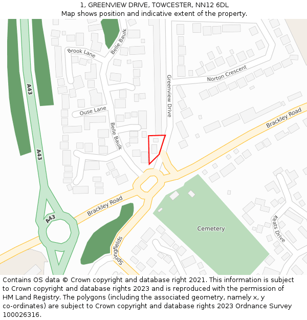 1, GREENVIEW DRIVE, TOWCESTER, NN12 6DL: Location map and indicative extent of plot