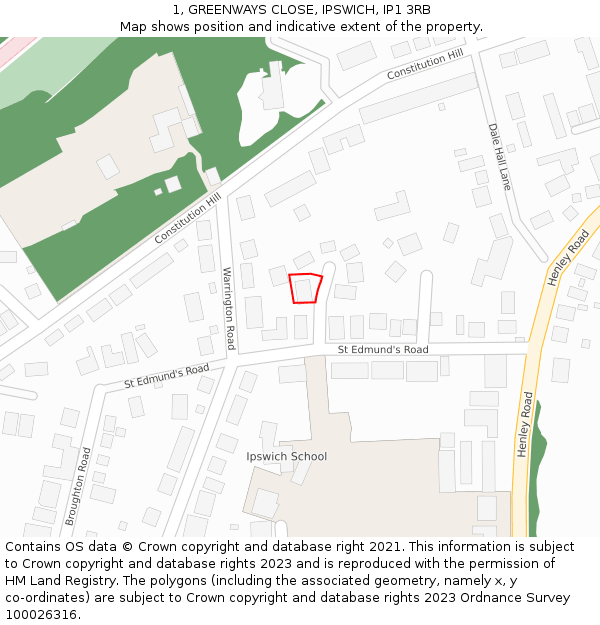 1, GREENWAYS CLOSE, IPSWICH, IP1 3RB: Location map and indicative extent of plot