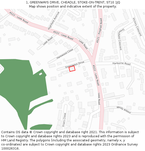 1, GREENWAYS DRIVE, CHEADLE, STOKE-ON-TRENT, ST10 1JQ: Location map and indicative extent of plot