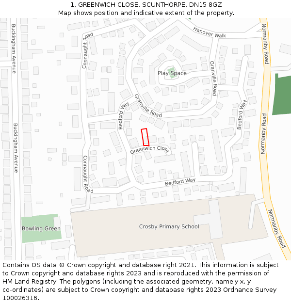 1, GREENWICH CLOSE, SCUNTHORPE, DN15 8GZ: Location map and indicative extent of plot