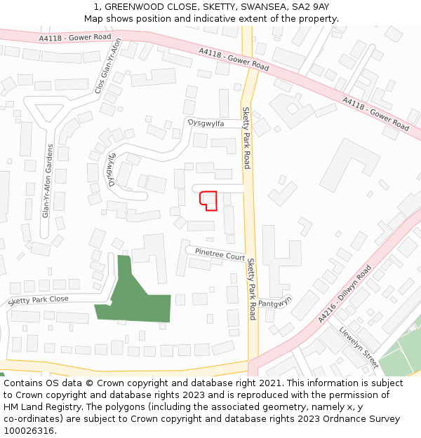 1, GREENWOOD CLOSE, SKETTY, SWANSEA, SA2 9AY: Location map and indicative extent of plot