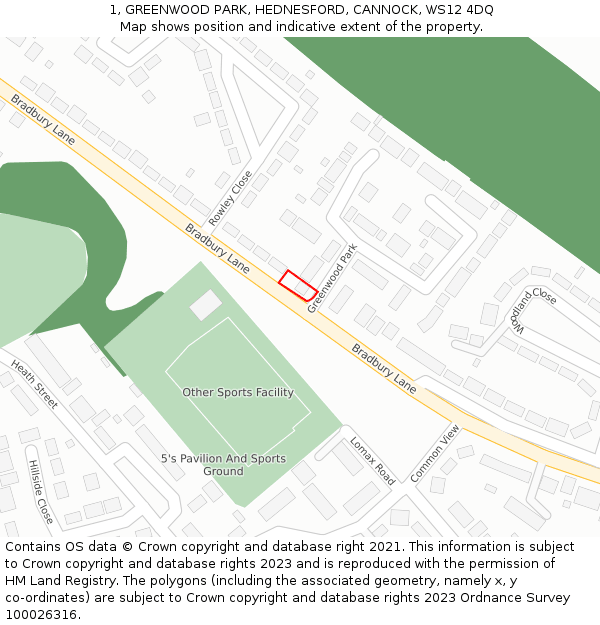 1, GREENWOOD PARK, HEDNESFORD, CANNOCK, WS12 4DQ: Location map and indicative extent of plot