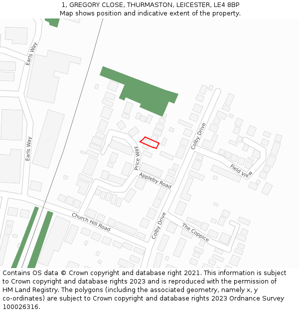 1, GREGORY CLOSE, THURMASTON, LEICESTER, LE4 8BP: Location map and indicative extent of plot