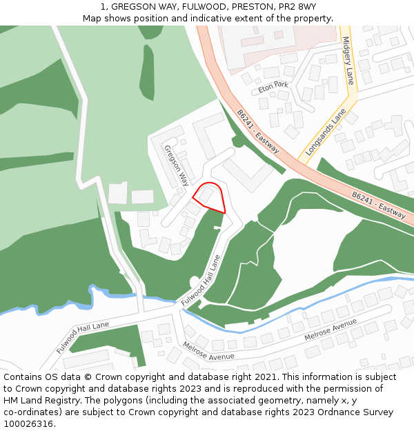 1, GREGSON WAY, FULWOOD, PRESTON, PR2 8WY: Location map and indicative extent of plot