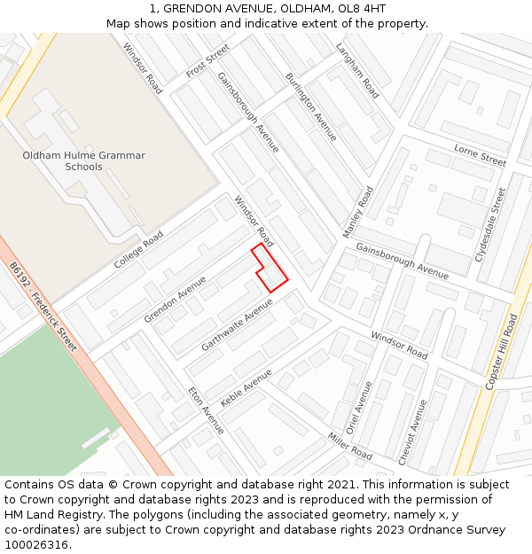 1, GRENDON AVENUE, OLDHAM, OL8 4HT: Location map and indicative extent of plot