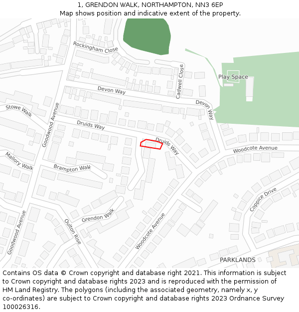 1, GRENDON WALK, NORTHAMPTON, NN3 6EP: Location map and indicative extent of plot