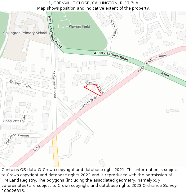 1, GRENVILLE CLOSE, CALLINGTON, PL17 7LA: Location map and indicative extent of plot