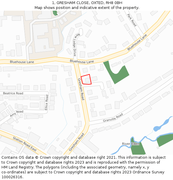1, GRESHAM CLOSE, OXTED, RH8 0BH: Location map and indicative extent of plot