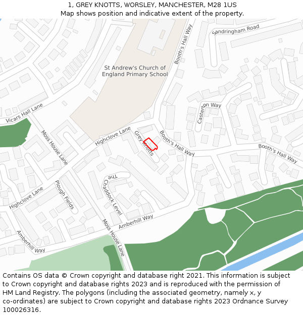 1, GREY KNOTTS, WORSLEY, MANCHESTER, M28 1US: Location map and indicative extent of plot