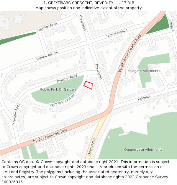 1, GREYFRIARS CRESCENT, BEVERLEY, HU17 8LR: Location map and indicative extent of plot