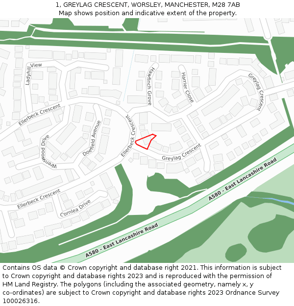 1, GREYLAG CRESCENT, WORSLEY, MANCHESTER, M28 7AB: Location map and indicative extent of plot