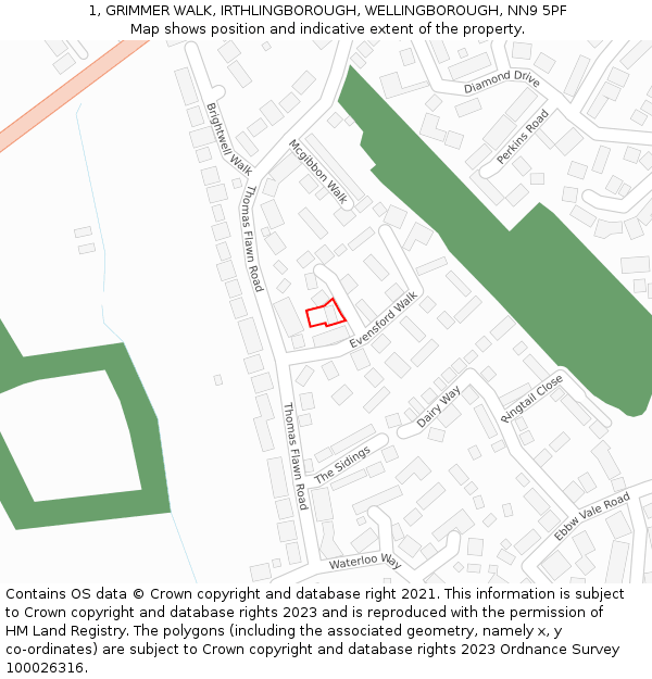 1, GRIMMER WALK, IRTHLINGBOROUGH, WELLINGBOROUGH, NN9 5PF: Location map and indicative extent of plot