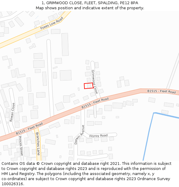 1, GRIMWOOD CLOSE, FLEET, SPALDING, PE12 8PA: Location map and indicative extent of plot