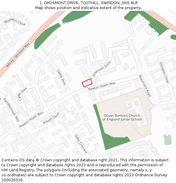 1, GROSMONT DRIVE, TOOTHILL, SWINDON, SN5 8LR: Location map and indicative extent of plot