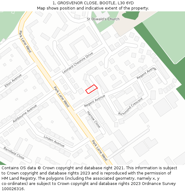 1, GROSVENOR CLOSE, BOOTLE, L30 6YD: Location map and indicative extent of plot