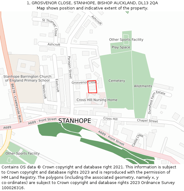 1, GROSVENOR CLOSE, STANHOPE, BISHOP AUCKLAND, DL13 2QA: Location map and indicative extent of plot