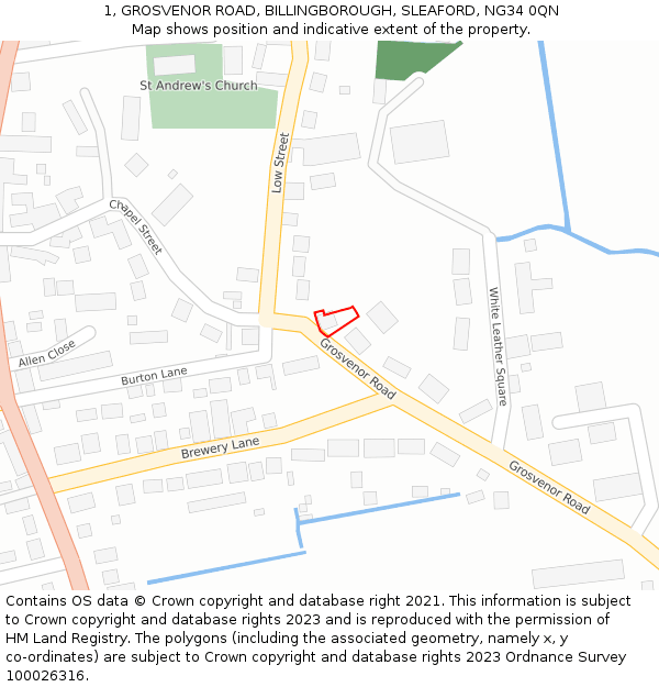 1, GROSVENOR ROAD, BILLINGBOROUGH, SLEAFORD, NG34 0QN: Location map and indicative extent of plot