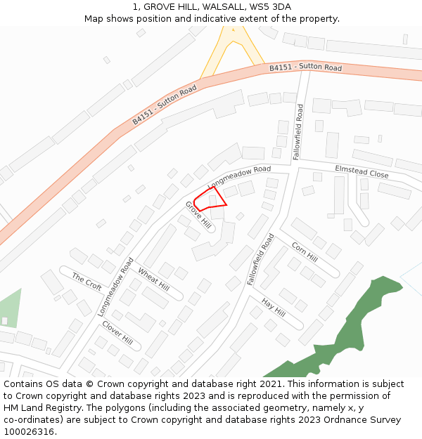 1, GROVE HILL, WALSALL, WS5 3DA: Location map and indicative extent of plot