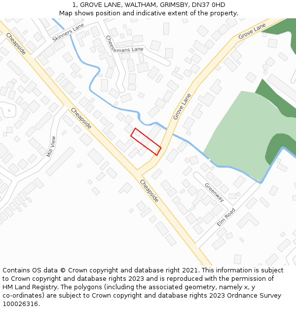 1, GROVE LANE, WALTHAM, GRIMSBY, DN37 0HD: Location map and indicative extent of plot