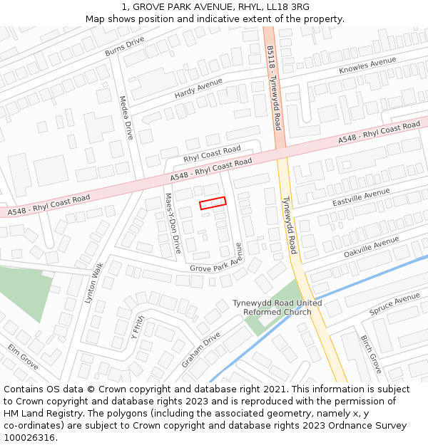 1, GROVE PARK AVENUE, RHYL, LL18 3RG: Location map and indicative extent of plot