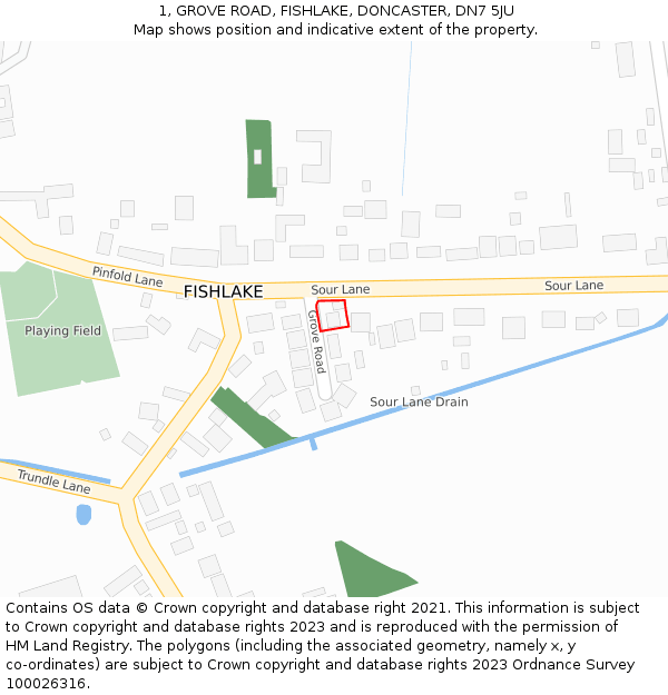 1, GROVE ROAD, FISHLAKE, DONCASTER, DN7 5JU: Location map and indicative extent of plot