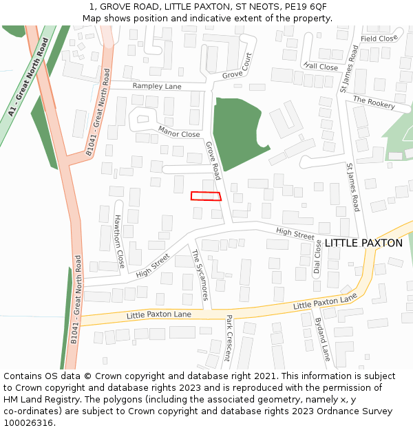 1, GROVE ROAD, LITTLE PAXTON, ST NEOTS, PE19 6QF: Location map and indicative extent of plot