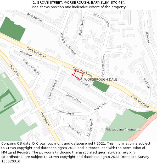 1, GROVE STREET, WORSBROUGH, BARNSLEY, S70 4SN: Location map and indicative extent of plot