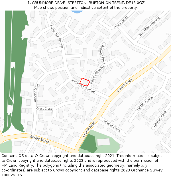 1, GRUNMORE DRIVE, STRETTON, BURTON-ON-TRENT, DE13 0GZ: Location map and indicative extent of plot