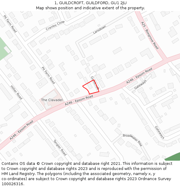 1, GUILDCROFT, GUILDFORD, GU1 2JU: Location map and indicative extent of plot